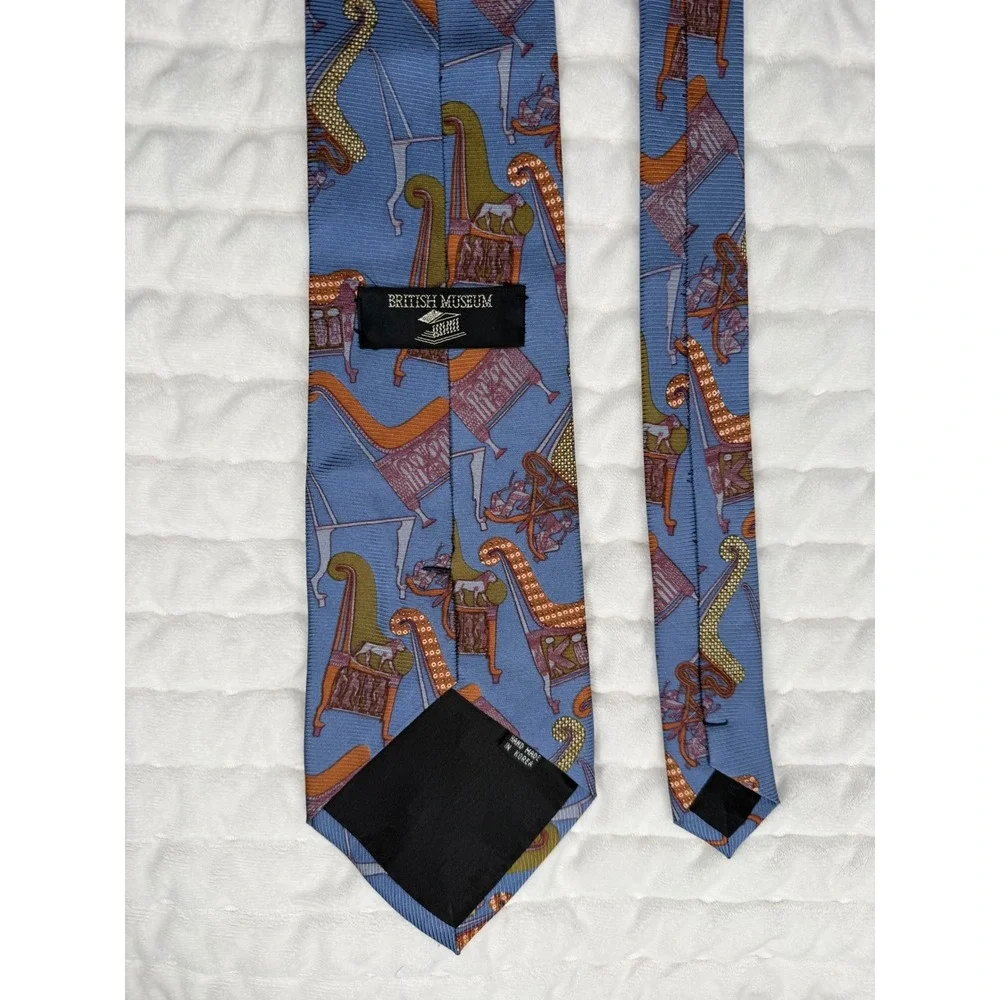 British Museum Mens Silk Tie Blue Egyptian Chair Artifact Novelty Hand Made